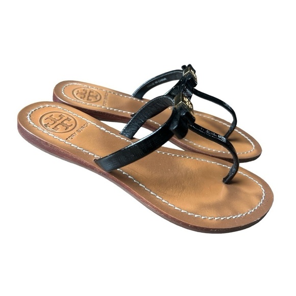 Tory Burch Leighanne Saffiano Black Patent Leather Thong Sandals with Box, Sz 6 - Picture 4 of 11